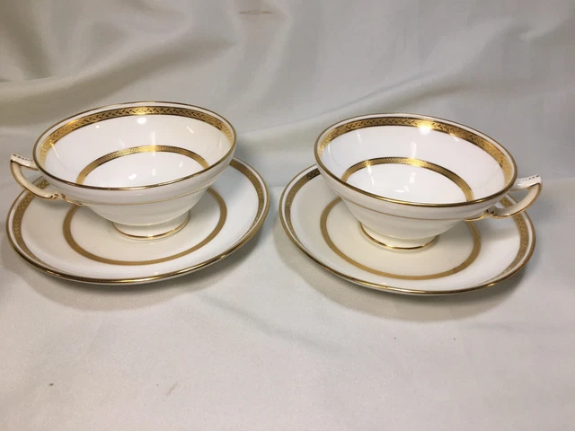 2) Minton Tiffany&Co Gold Encrusted Laurel Leaf FOOTED TEA CUPS & SAUCERS G8338