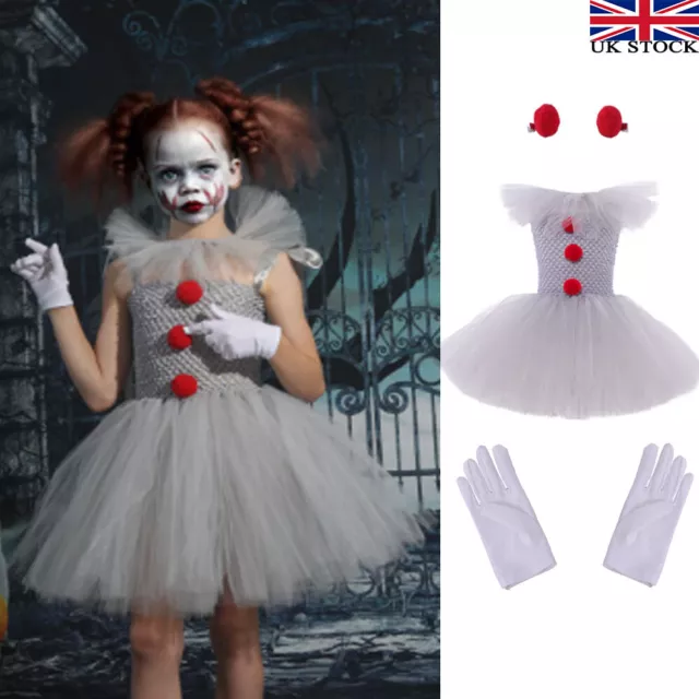 Kids Girls Pennywise Clown Fancy Dress Party Halloween Cosplay Costume Outfits