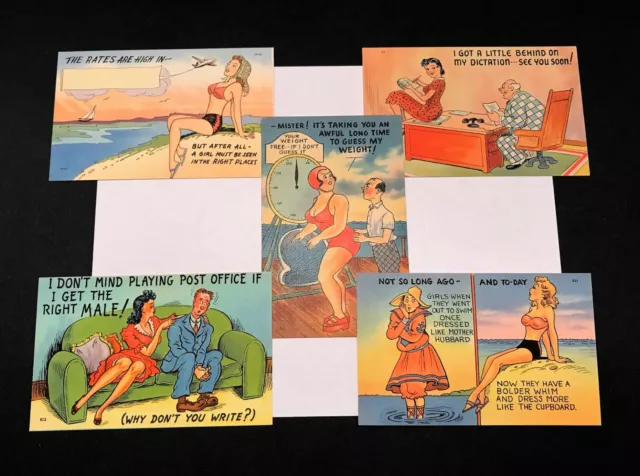 Vintage 1940's Adult Humor Postcard Lot X 5 - 5 Linen Postcards - Unposted