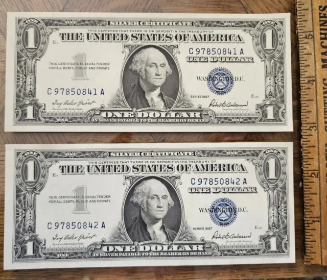 1957 $1 Silver Certificates 2x Consecutive Crisp Uncirculated Perfectly centered