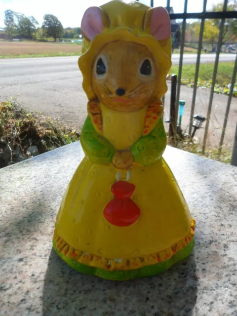 Mouse Coin Bank Resin Bonnet Purse Figurine Country Yellow Dress Vintage 1970s 2