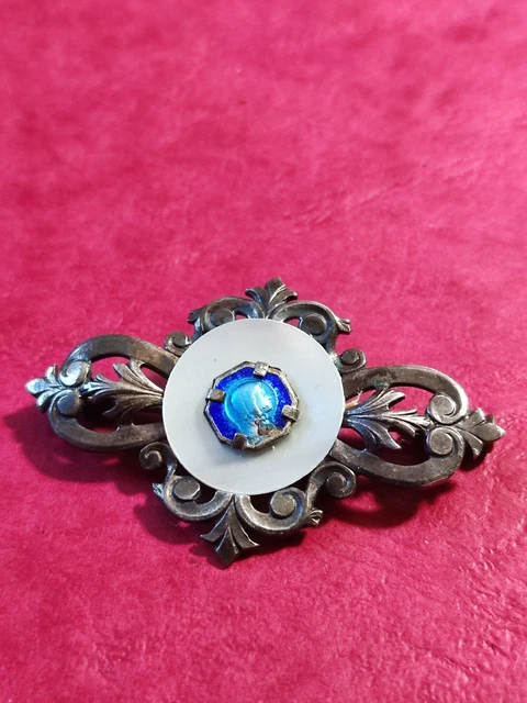 Broche Ancienne En Nacre Véritable - Style Fleur - Métal Argenté - Occasion Très Bon état