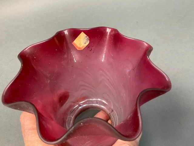VINTAGE ANTIQUE GLASS LAMP Bell SHADE - 2.25” FITTER  Cranberry Ruffled Edge 9