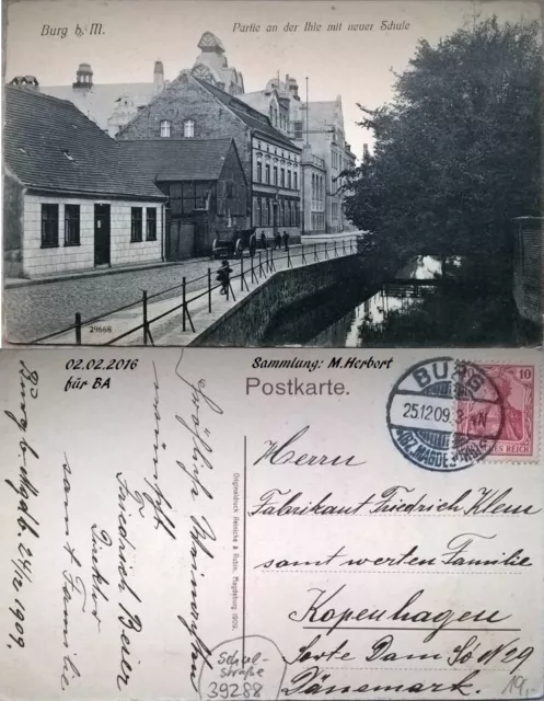 Ansichtskarte Burg bei Magdeburg - Partie an der Ihle -  Neue Bürgerschulen 1909