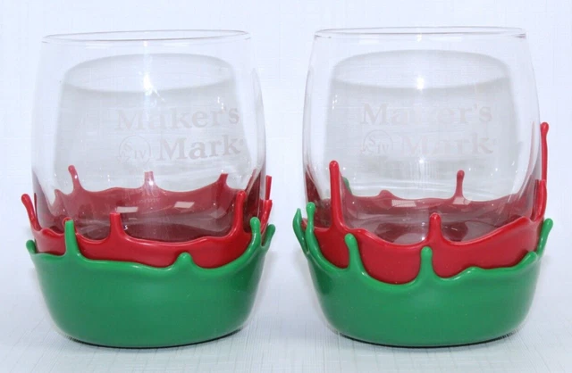 Makers Mark (2) Green Red Wax Glasses Christmas Round Barware Bourbon glass