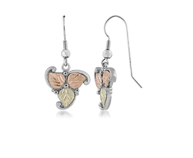 12k black hills gold on sterling silver gorgeous three leaf dangle earrings