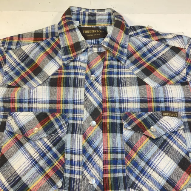 VINTAGE 1960s ROEBUCKS Western Cowboy Flannel Plaid Snap Up SHIRT Sz Mens S