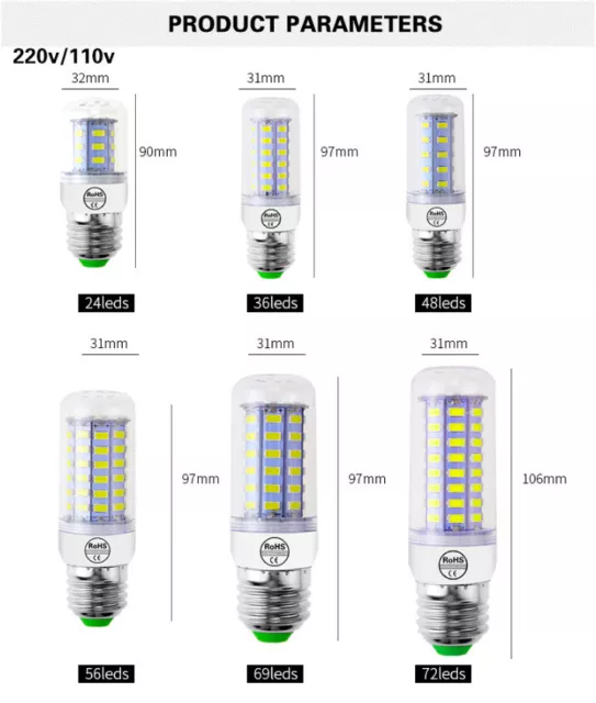 LED Corn Light Bulb Warm/Daylight White E27 E26 E14 Save Energy Lamp 110V 220V 3