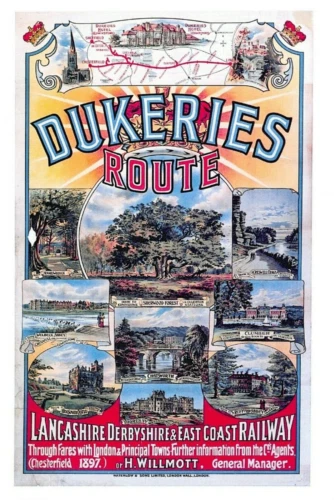 Travel Poster Postcard DUKERIES ROUTE Lancashire Derbyshire East Coast Railways