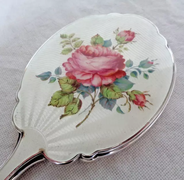 Antique English Silver & Guilloche Enamel Hand Mirror With Pink Roses