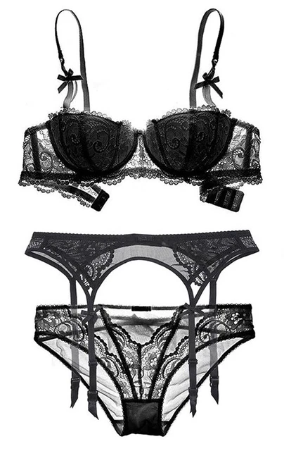 Set Intimo Fine 3pcs Nero Con Pizzo ,Biancheria Intima Sexy