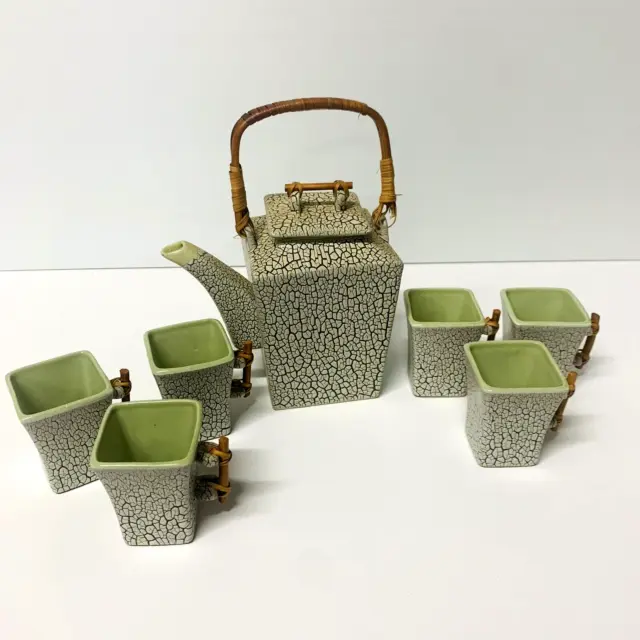Japanese square teapot with bamboo handles and matching teacups