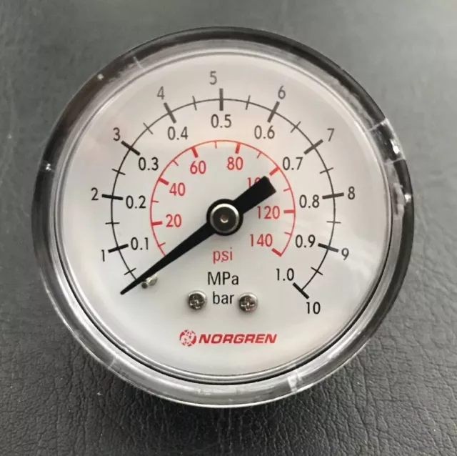 2 Off Norgren Pressure Gauge 0-10 Bar, 1/8” BSP x 50mm Dia - Ref 18-015-013