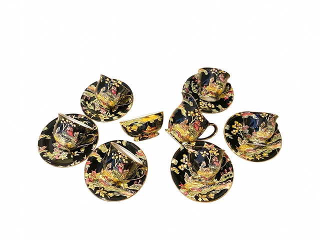 Royal Winton Grimwades Pekin Demitasse Tea Cup and Saucer Chintz Black 14 Pcs