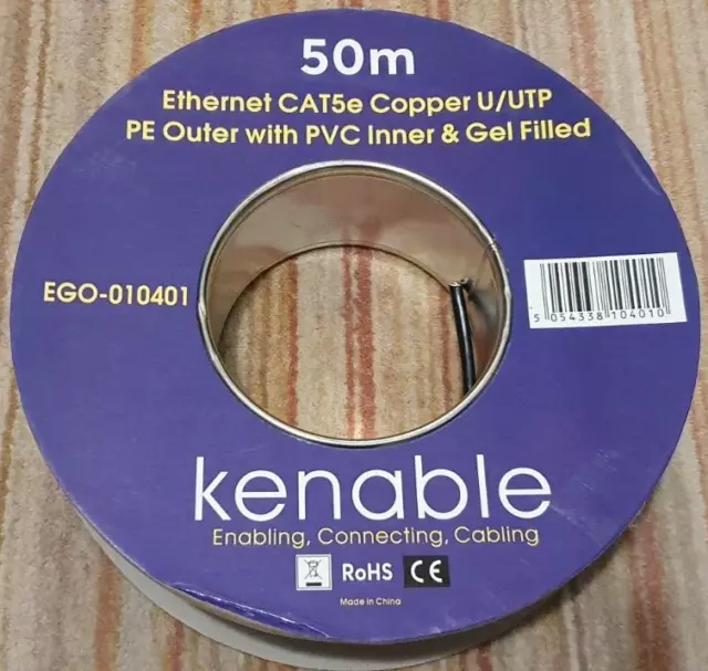 Kenable 50m Outdoor Gel Filled Cat5e U/UTP Ethernet Cable Reel Solid Copper