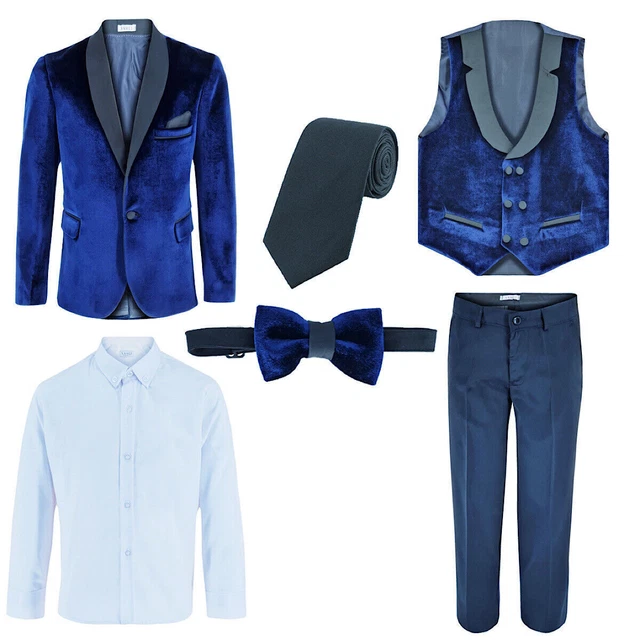 Boys Velvet Formal Suits Prom Wedding Page Boy Navy BlueTuxedo Suit 5 Piece UK