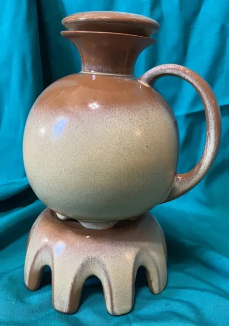 Vintage MCM Frankoma Pottery 82W Pitcher Carafe and Warmer Coffee Brown Tan 3pc