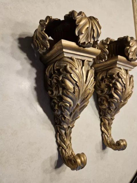 Pair of LARGE 12.5" Tall Wall Sconces Plaster Hollywood Regency Gold 3