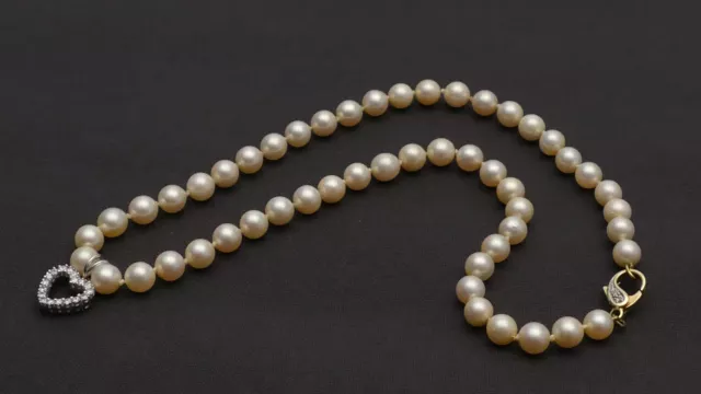 AKOYA Zuchtperlen Kette Pearl necklace Collier GOLD + Brillant Herz Anhänger 750