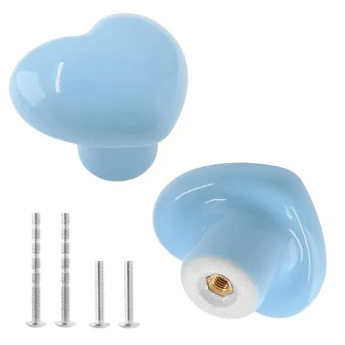 2pcs Ceramic Cabinet Knobs Blue Drawer Knobs Heart Shaped Dresser Knobs Cute ...