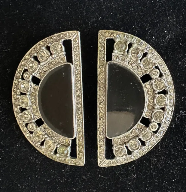 Vintage Dress Clips Crystal & Black Center. Silver Tone. Art Deco Style Estate