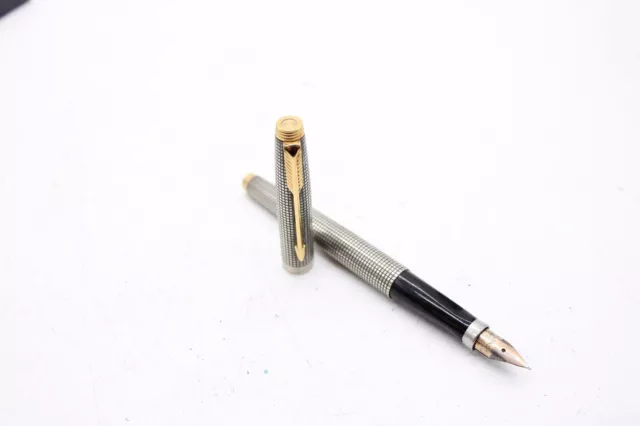 F Vintage Parker 75 Sterling Silver 925 14K Gold Nib Fountain Pen Boxed 21.7g