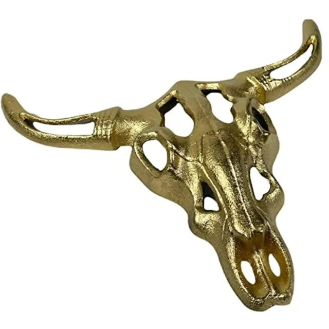 Urbalabs Cast Iron Ox Cow Longhorn Skull and Horns Cast Iron Wall Sculpture Wall