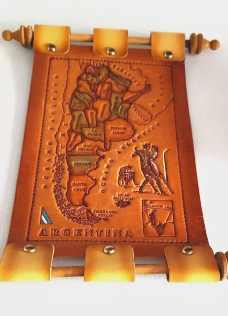 Vintage Leather Argentina Hanging Map Scroll - Approx 12" Long