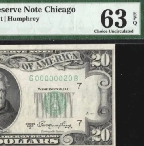 FANCY LOW 2-DIGIT # 00000020 (#20 on a $20) BINARY serial number $20 PMG 63 EPQ