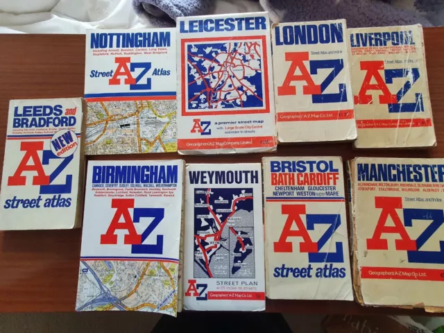 9 x Vintage Street/Road Map/Atlas Geographer A-Z Map Company. Various places.