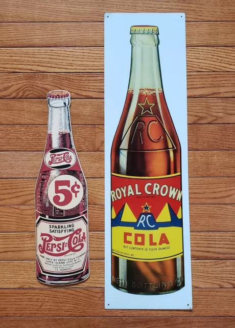 2 Pc Royal Crown Pepsi Cola Double Dot Bottle Vintage Soda Advertising Sign 25"