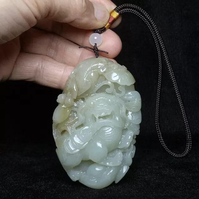 Chinese Hetian Jade Hand Carving Lion Coin Bat Lotus leaf Pendant old Collection