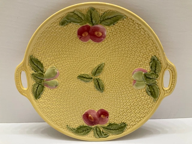 Vtg Majolica Plate 11" - 2 handles Germany 2883 Plums or Apples Fruit Yellow R
