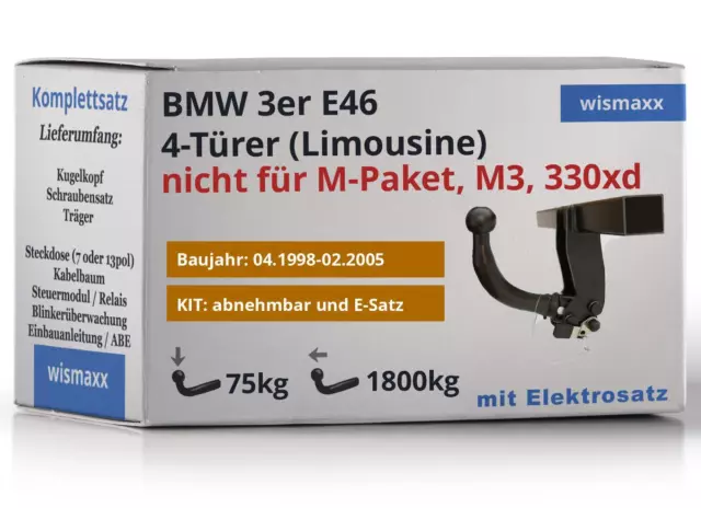 ANHÄNGERKUPPLUNG abnehmbar für BMW 3er E46 98-05 +7pol E-Satz ABE