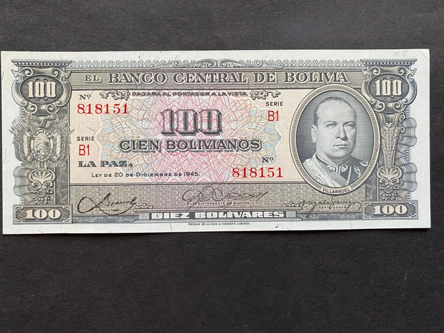 BOLIVIA, 1945, Billete Banco Central de Bolivia, 100 BOLIVIANOS, Serie B1, UNC