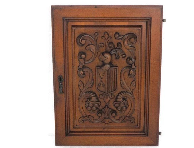 Antique hand Carved Wood Door Panel Reclaimed Architectural Middle ages Scene Kn
