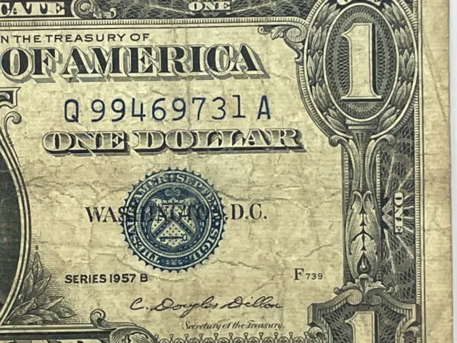 Series 1957 B Silver Certificate One Dollar Bill Q99469731A Blue Seal