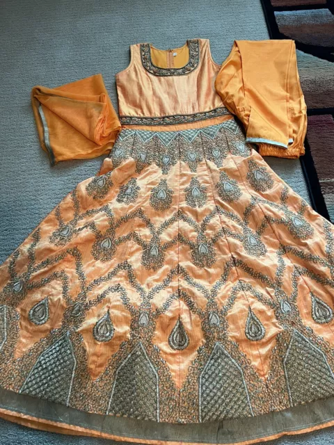 Indian Orange and Gold Gown with Pants and Chuni - Small