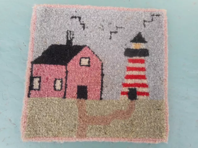 Antique Hooked Rug, Doll House, Sampler? Lighthouse and Caretaker House 8" By 8"