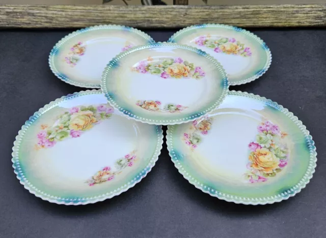 Antique German PK Silesia 5 Appetizer Plates Porzellanfabrik Königszelt Roses