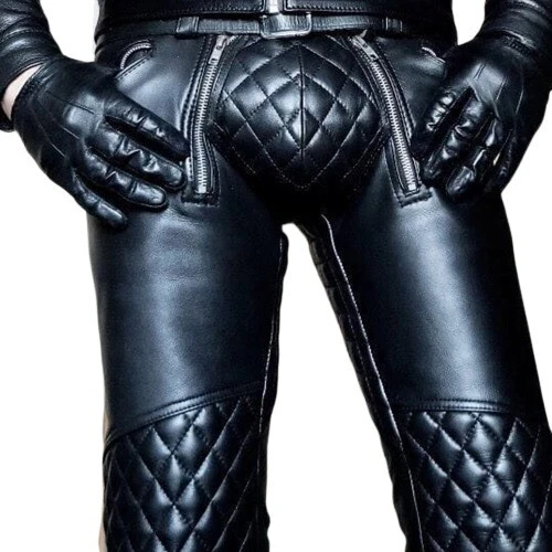 Men Fetish Kink Cowhide Leather Pants with Jock strap Trousers Gay Leder