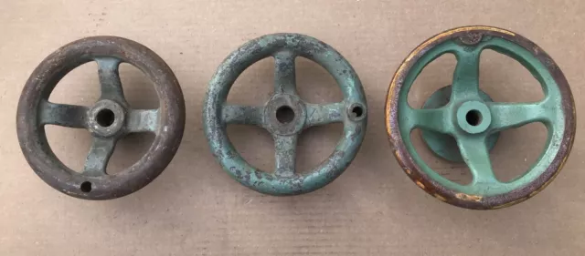 Lot of (3) 8" 4-Spoke ANTIQUE Cast Iron Hand Crank Wheel Valve FactorySteampunk