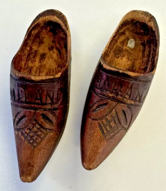 Vintage Hand Made Netherlands HOLLAND Miniature Wooden Dutch Clogs Pair Shoes