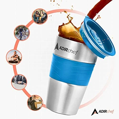 AdirChef Travel Mug 15 Oz - Insulated BPA Free Stainless Steel Vacuum Tumbler w/ 2