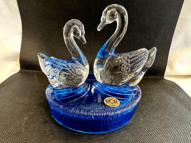RCR Royal Crystal Rock Swans Figurine Glass Lead Crystal - Blue Base - Italian