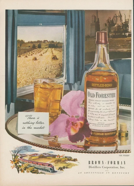 1947 Old Forester Train Railroad Car City Skyline Farm Vintage Print Ad L31