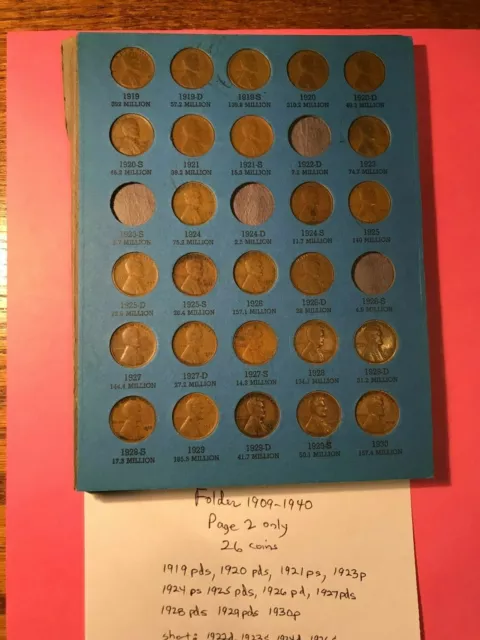 1909 1940 26 coin Lincoln Penny Page 2 of Whitman 9004 Folder 21S 24S 27S 28S