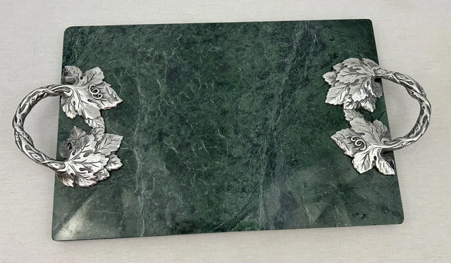 Cheese Board Tray Green Marble with Pewter Grape Leaves Accent 11 1/2” X 7 1/2"