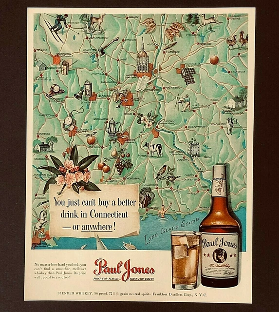 1950 Paul Jones Whiskey Advertisement Connecticut City Map Vintage Print AD