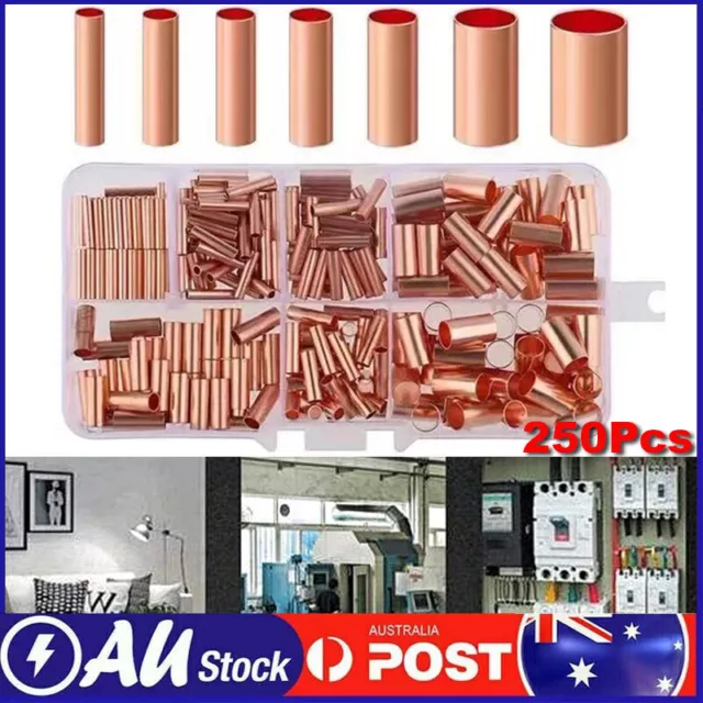 250Pcs Copper Tube Terminals Battery Welding Cable Lug Ring Crimp Connectors Kit